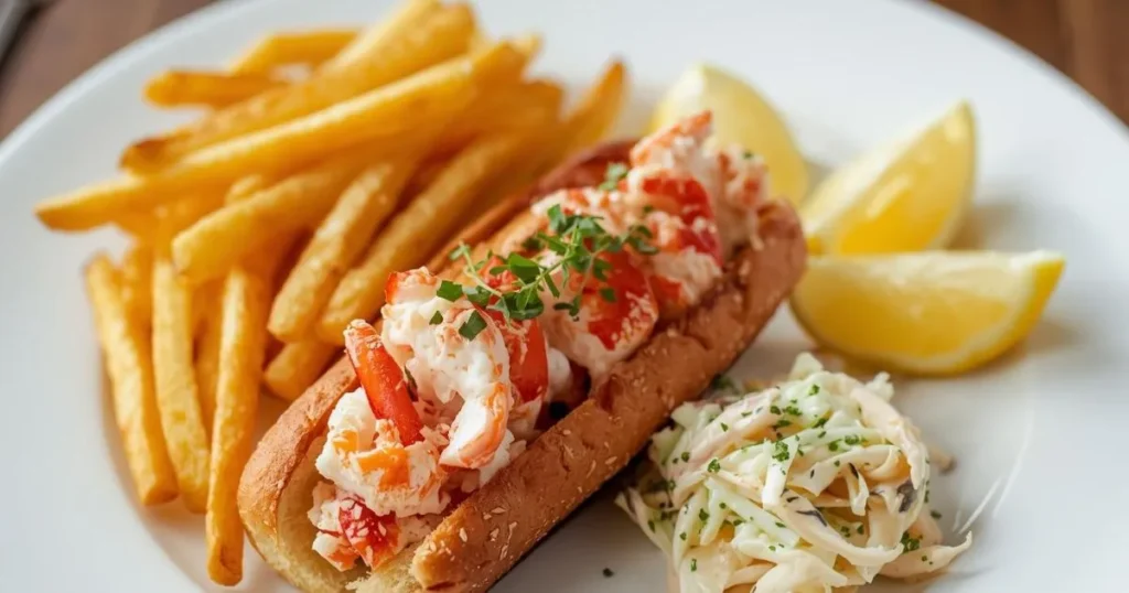 lobster roll recipe served with fries and coleslaw on a plate