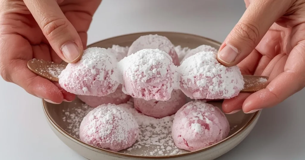 rolling strawberry cake cookie dough in powdered sugar