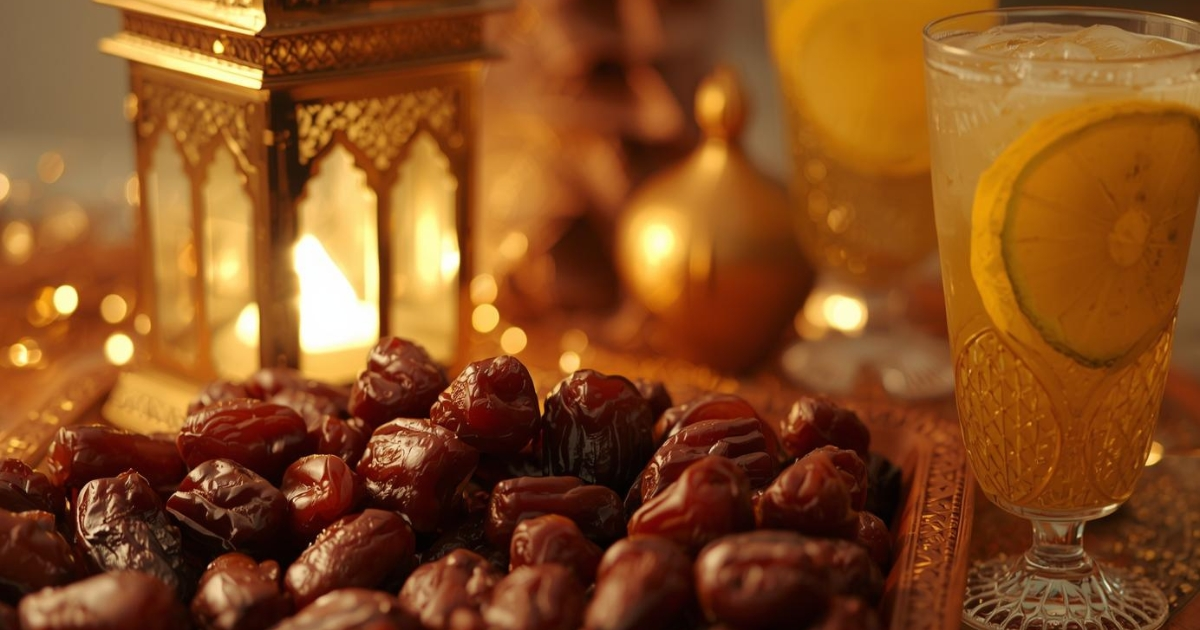 Lemon juice during Ramadan served on Iftar table with dates