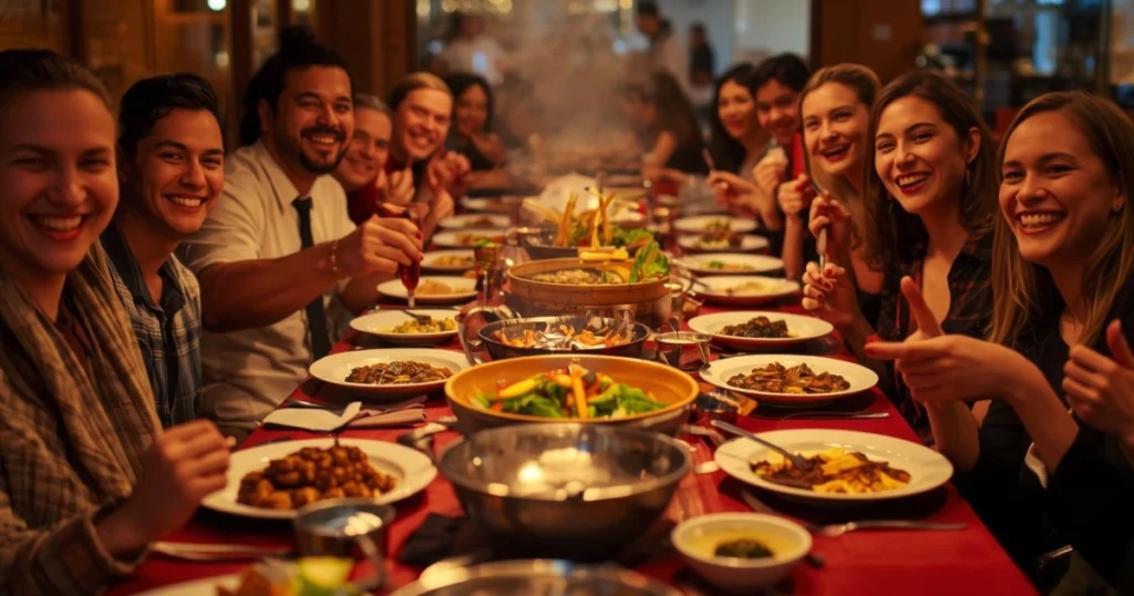 Family eating creamy lobster bisque together at Ramadan iftar.