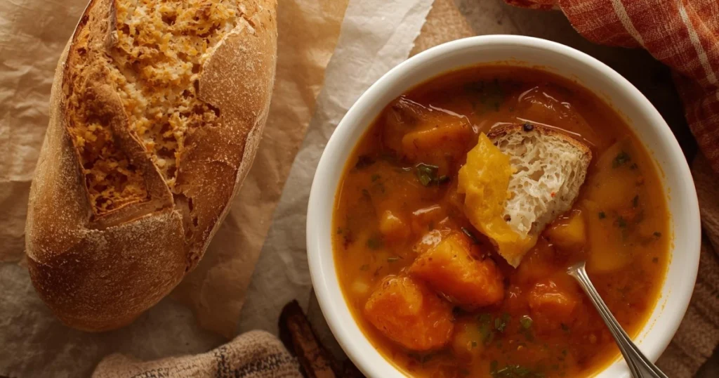 Creamy lobster bisque with crusty bread on the side for Ramadan iftar.