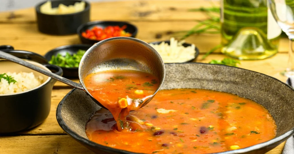 Reheating creamy lobster bisque on the stove to maintain texture and flavor.