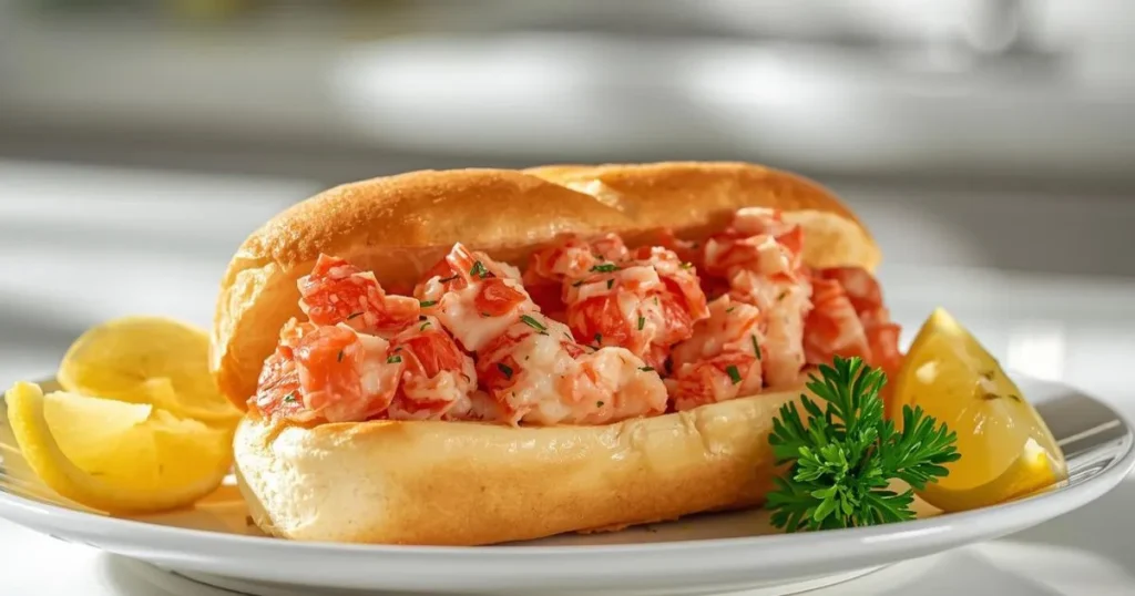 lobster roll recipe served in a buttery toasted bun with fresh lobster meat and lemon wedges