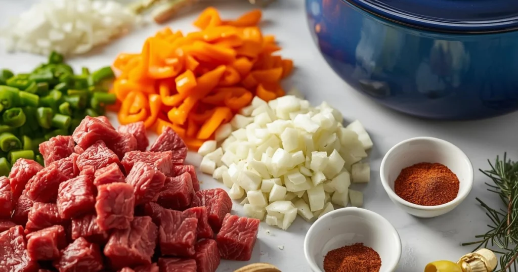 Prepped ingredients for 30-minute Le Creuset beef recipes, ready for quick cooking