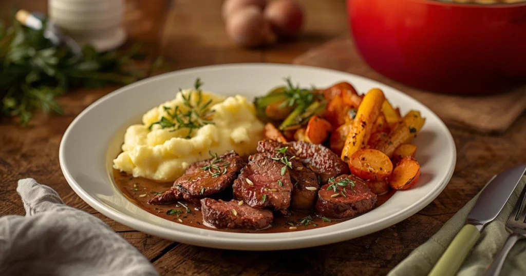 Plated Le Creuset beef with mashed potatoes, roasted vegetables, and fresh herbs