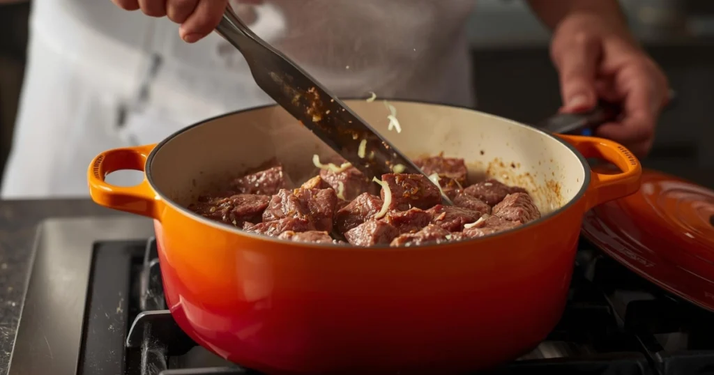 Searing beef cubes and sautéing onions in Le Creuset Dutch oven