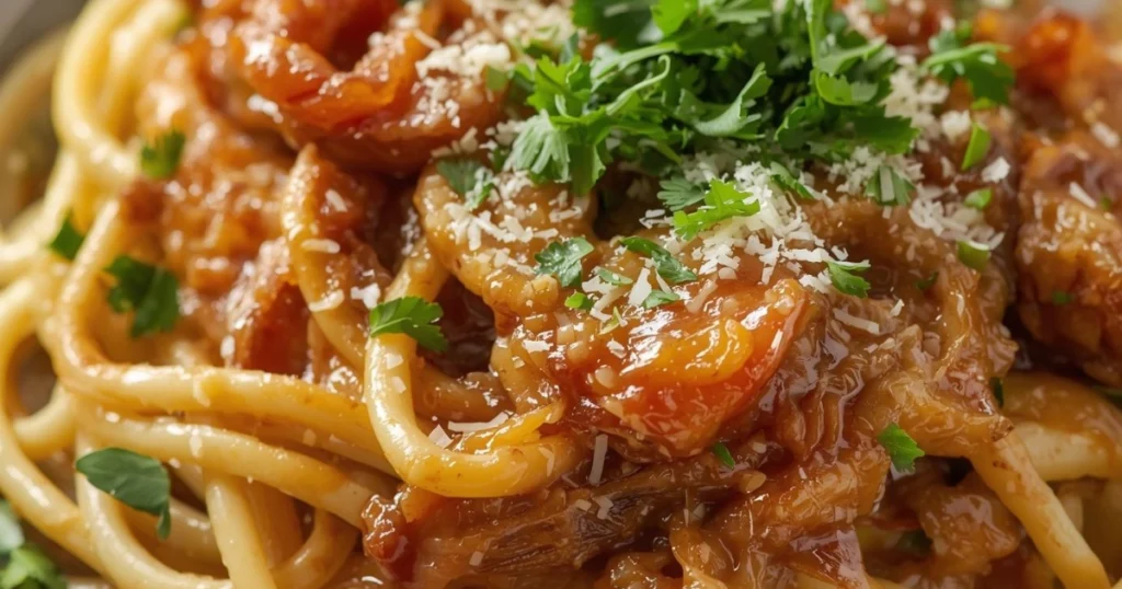 White bowl filled with creamy pasta and caramelized onions, garnished with parsley and Parmesan.