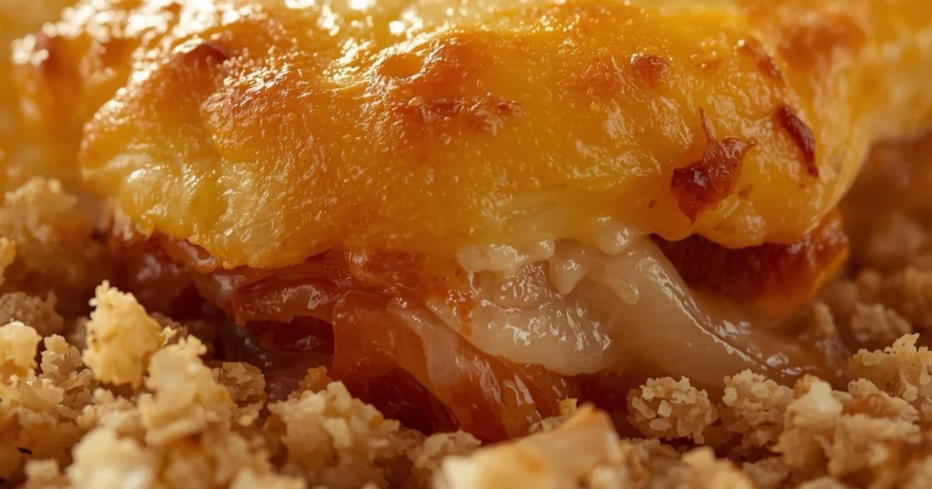 Golden baked onion casserole with bubbling cheese and crisp breadcrumbs in a white ceramic dish.
