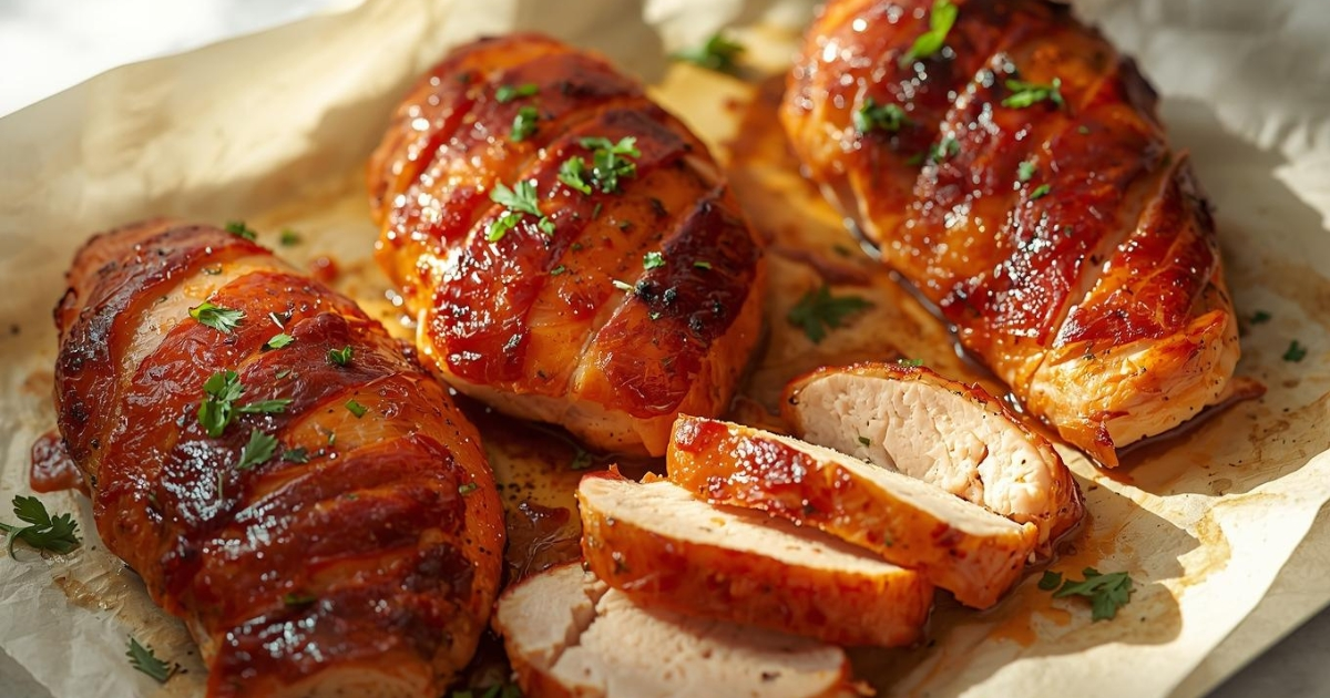 Juicy bacon wrapped chicken baked until crispy and golden brown on a sheet pan