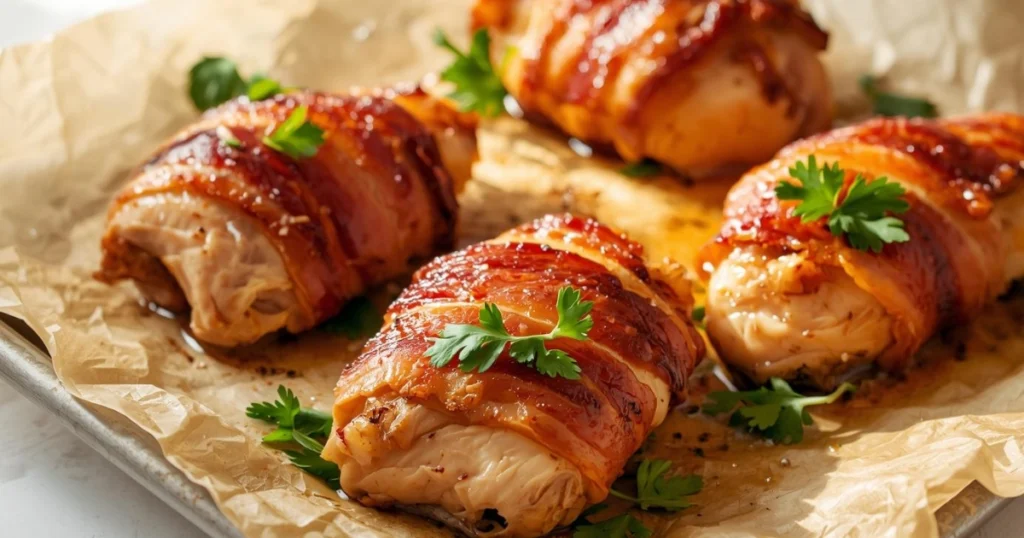 Juicy bacon wrapped chicken baked until crispy and golden brown on a sheet pan