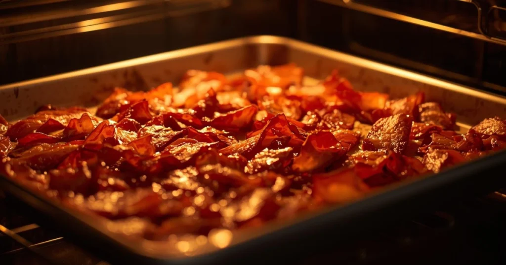 Bacon wrapped chicken baking in oven on wire rack for crispy texture