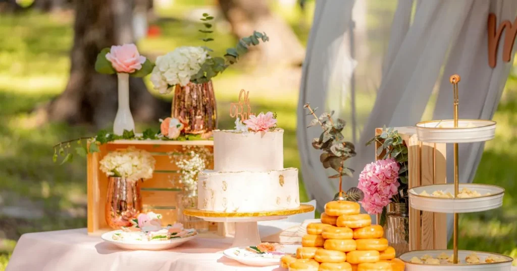 Vertical layout of mini desserts including brownies cupcakes tarts ready to serve party dessert ideas