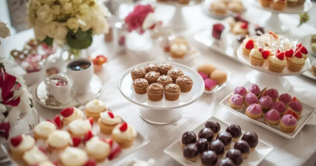 Assortment of mini desserts including mini cheesecakes, brownies, tarts perfect for parties and celebrations