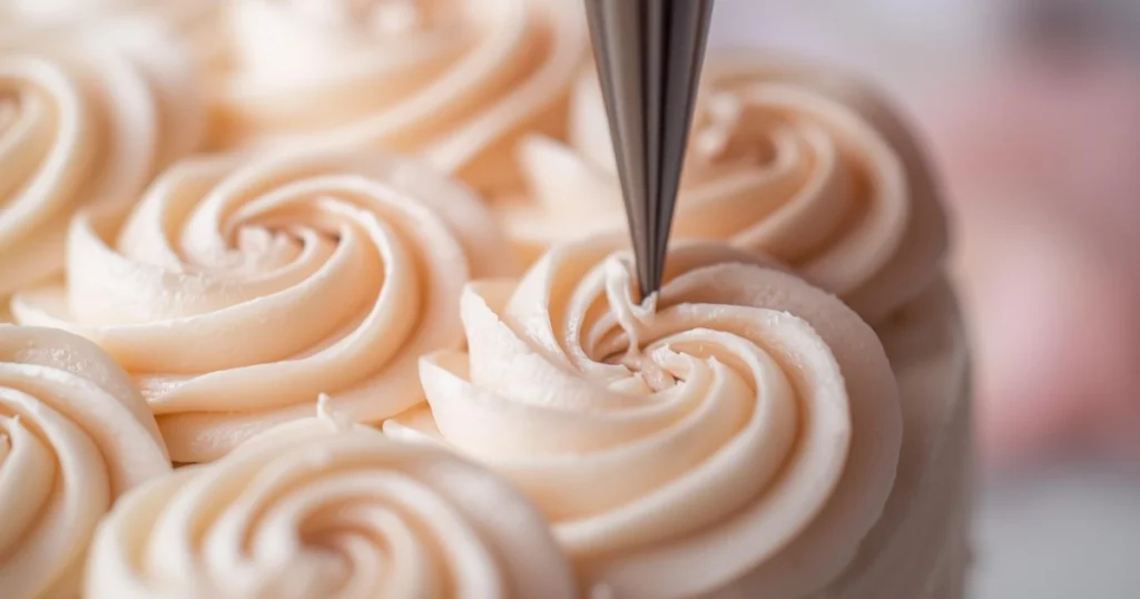 Piping buttercream rosettes on a vintage cake using a piping bag