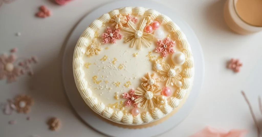 Top view of a vintage cake decorated with buttercream rosettes and swirls
