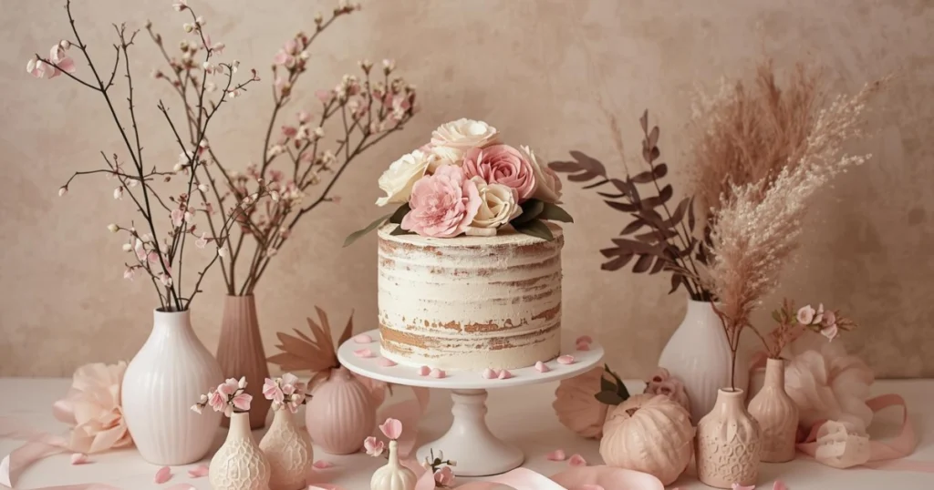 Vintage cake on a decorated table with flowers and pastel table setting