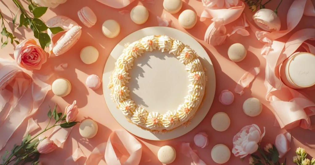 Vintage cake on a decorated table with flowers and pastel table setting