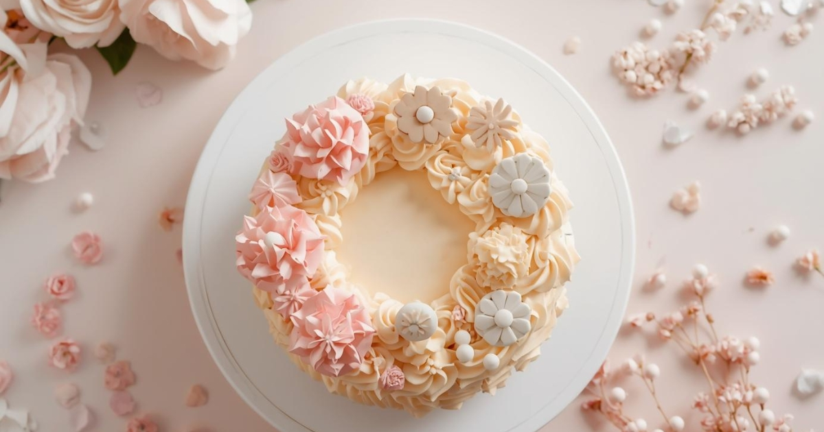 Piping buttercream rosettes on a vintage cake using a piping bag