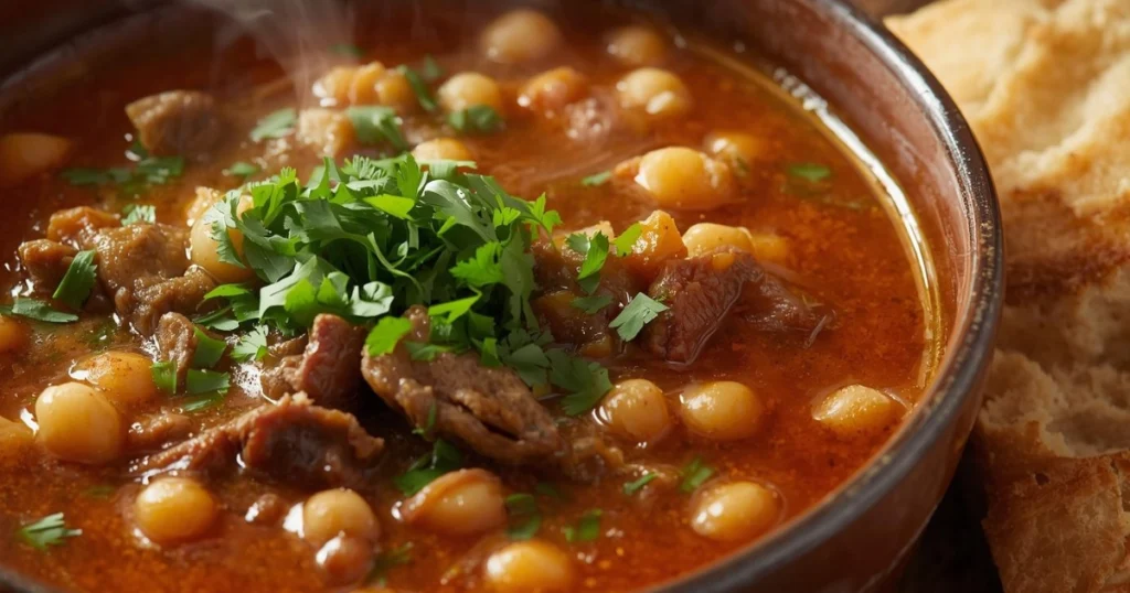 Moroccan harira soup served for Ramadan iftar with lemon slices and fresh herbs.