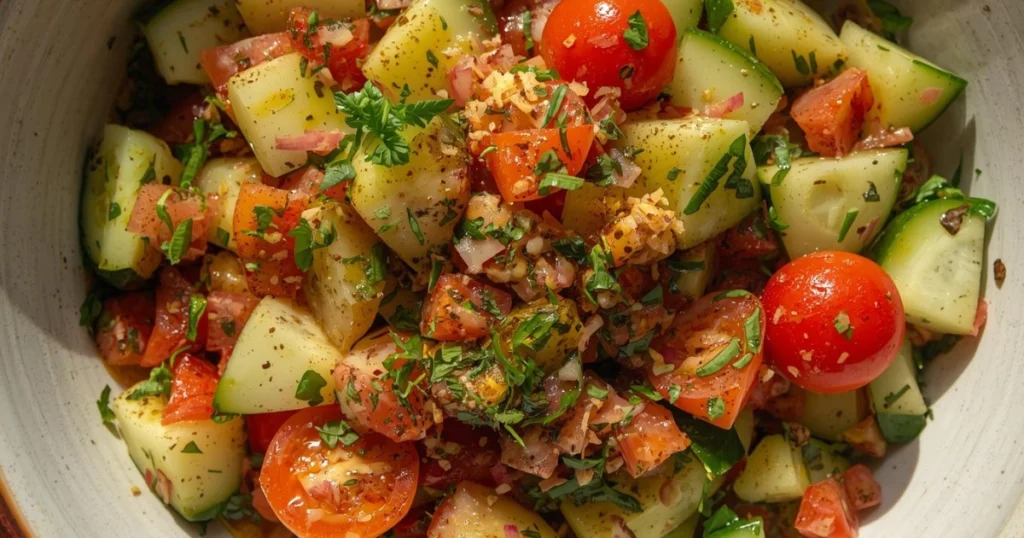 Fresh cucumber and tomato salad served as a healthy Ramadan iftar side dish.