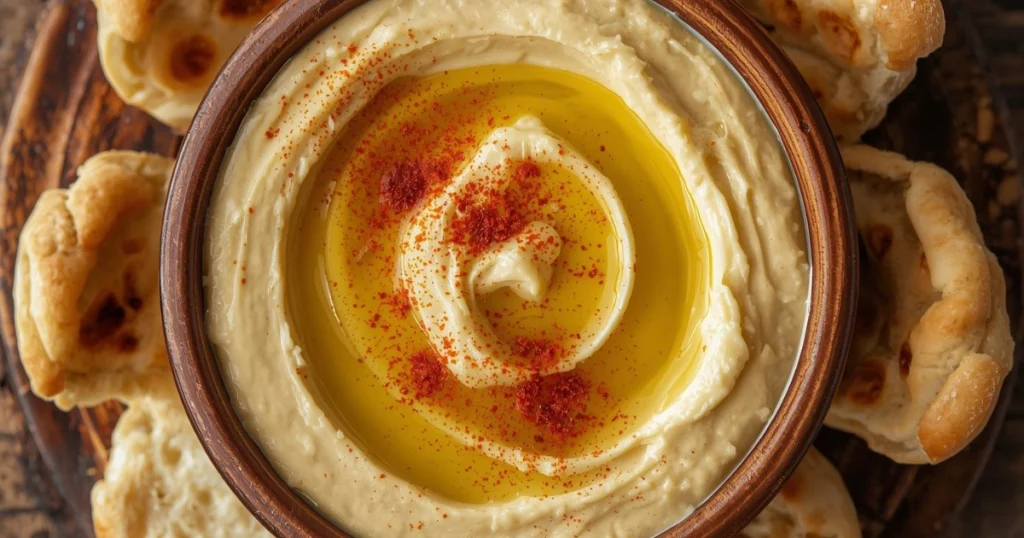 Creamy hummus with olive oil and pita bread served for Ramadan iftar.