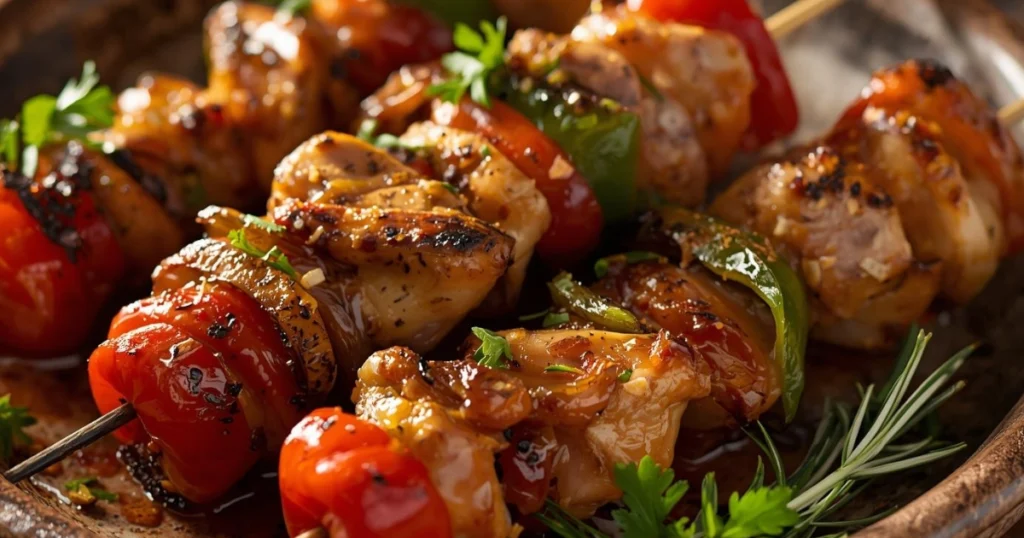 Grilled chicken kabobs with vegetables served for Ramadan iftar dinner.