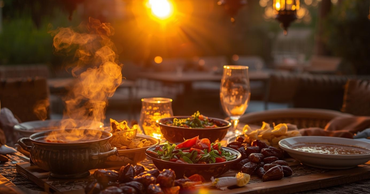 Easy recipes for Ramadan displayed on a beautiful iftar table with soup, salad, bread, and dates.