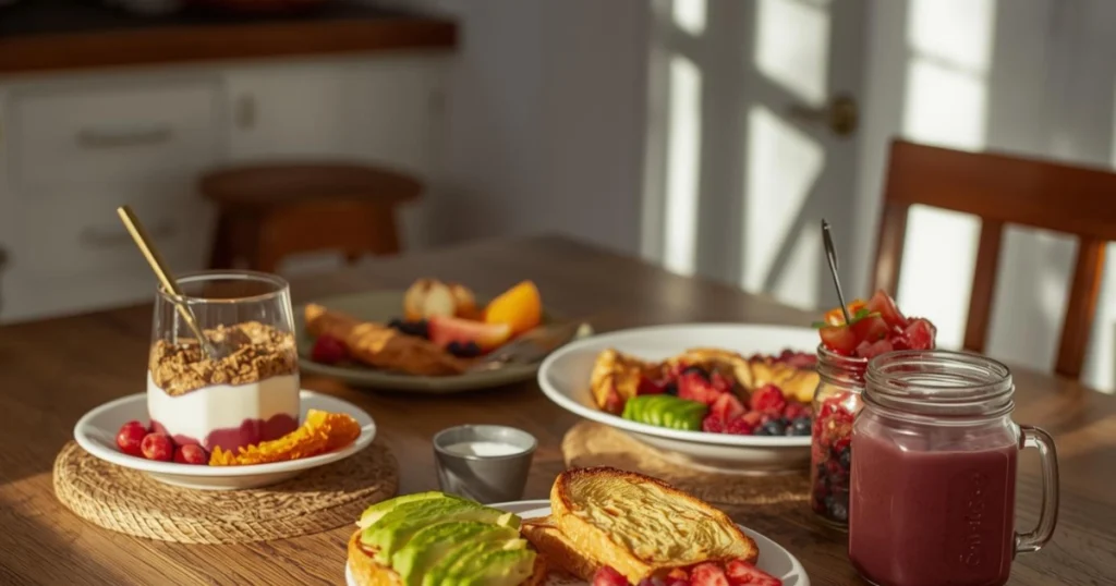 quick breakfast ideas with yogurt parfait avocado toast berries and smoothie on a breakfast table