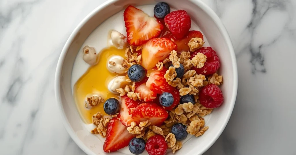 healthy yogurt breakfast bowl with granola honey and berries ready in 5 minutes