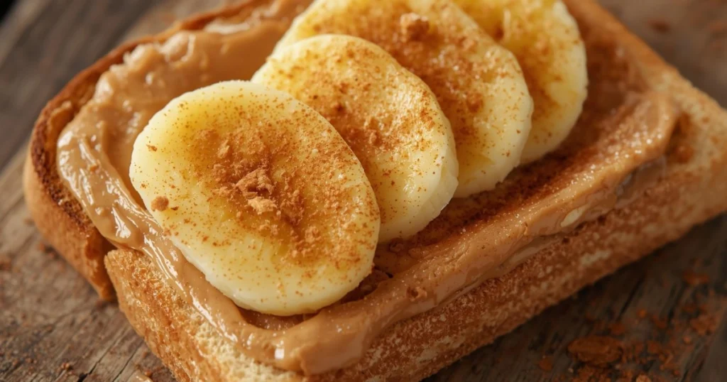 Close-up shot of toasted bread spread with peanut butter and topped with banana slices and a sprinkle of cinnamon on a wooden board.