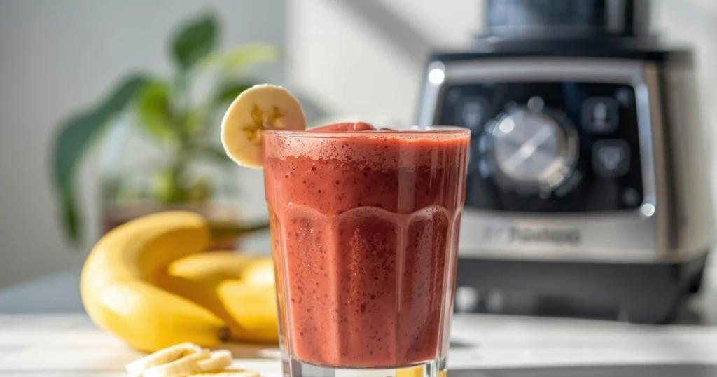 A creamy protein smoothie made with banana, milk, and peanut butter, perfect for a fast breakfast before work or school.