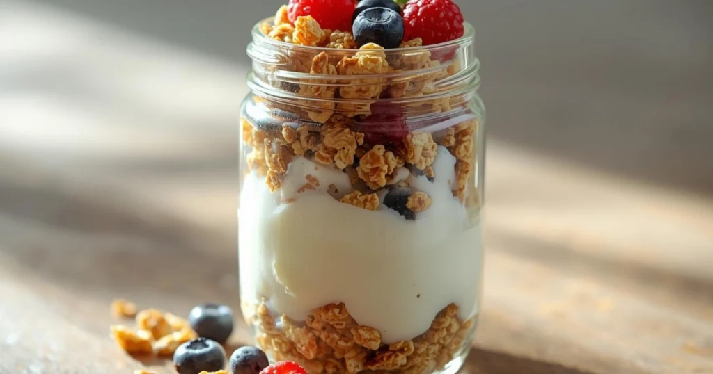 Layered Greek yogurt parfait with berries and granola