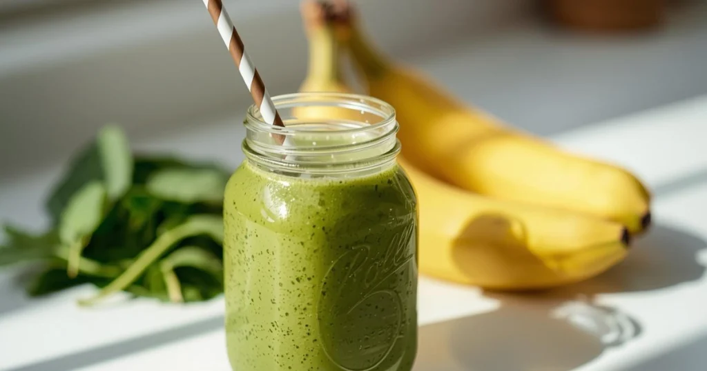 Green smoothie with spinach, banana, and chia seeds in glass