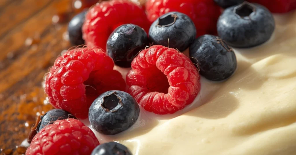 Chia seed pudding topped with berries and nuts in glass