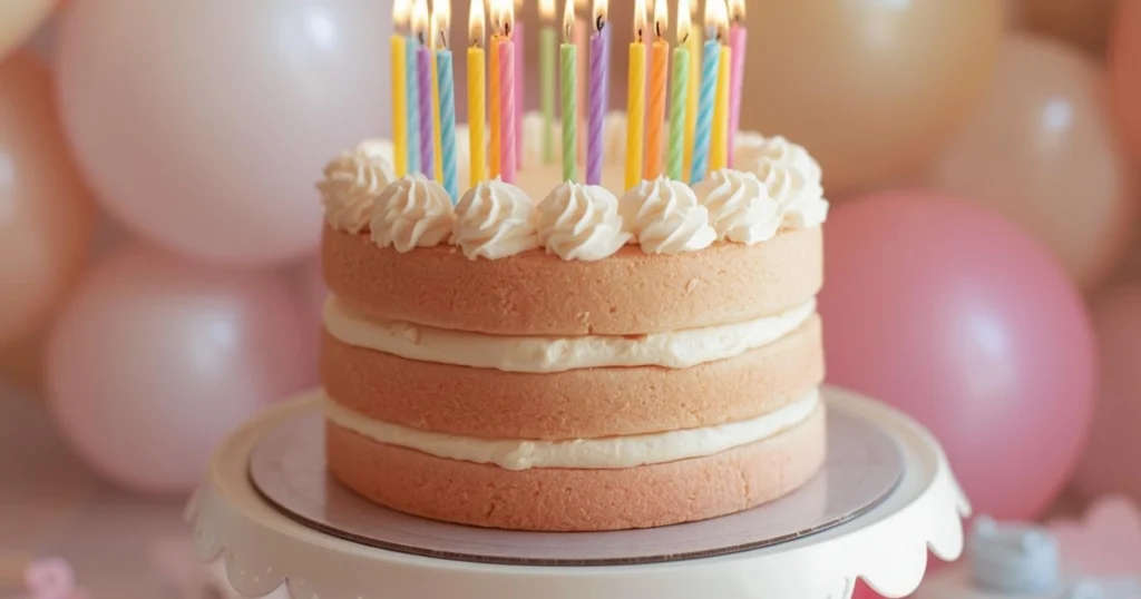 pastel rainbow birthday cake decorated with sprinkles and smooth frosting