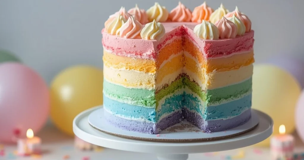 pastel rainbow birthday cake decorated with sprinkles and smooth frosting
