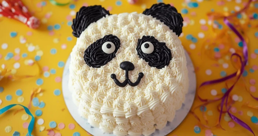 panda face cake with buttercream ears and eyes for kids