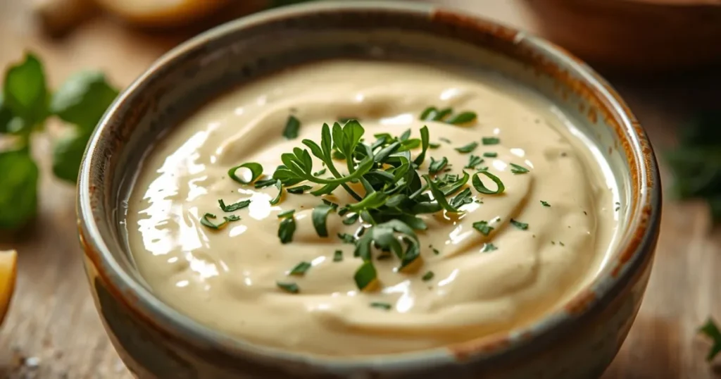 Bowl of vegan Caesar dressing surrounded by cashews and herbs
