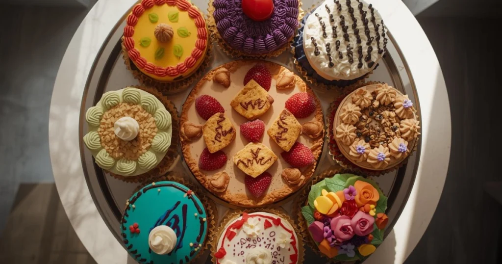 Platter of assorted mini cakes with different toppings