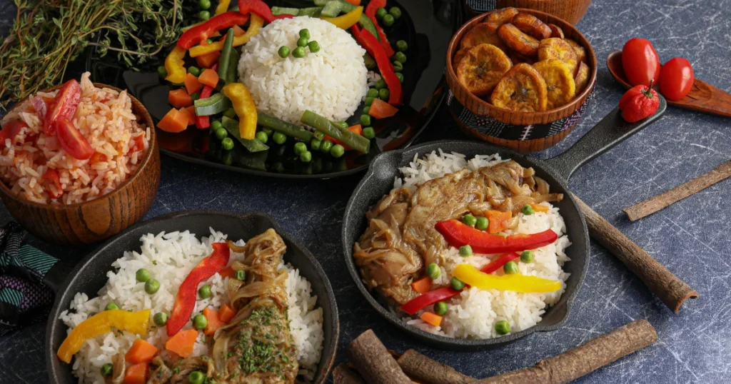 A balanced iftar plate showing protein, vegetables, rice, and dates for a healthy Ramadan dinner.
