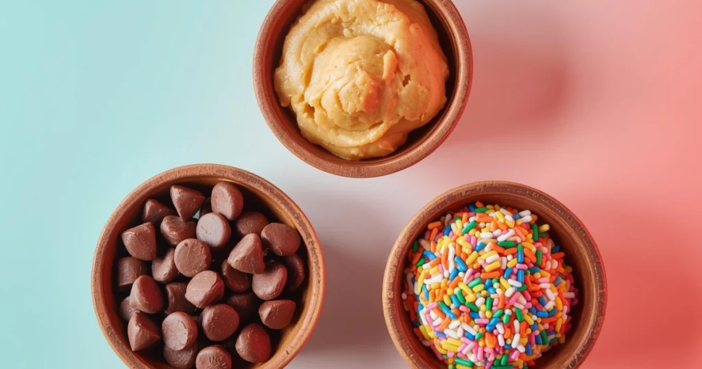 different cookie dough variations including chocolate chip peanut butter and sprinkles