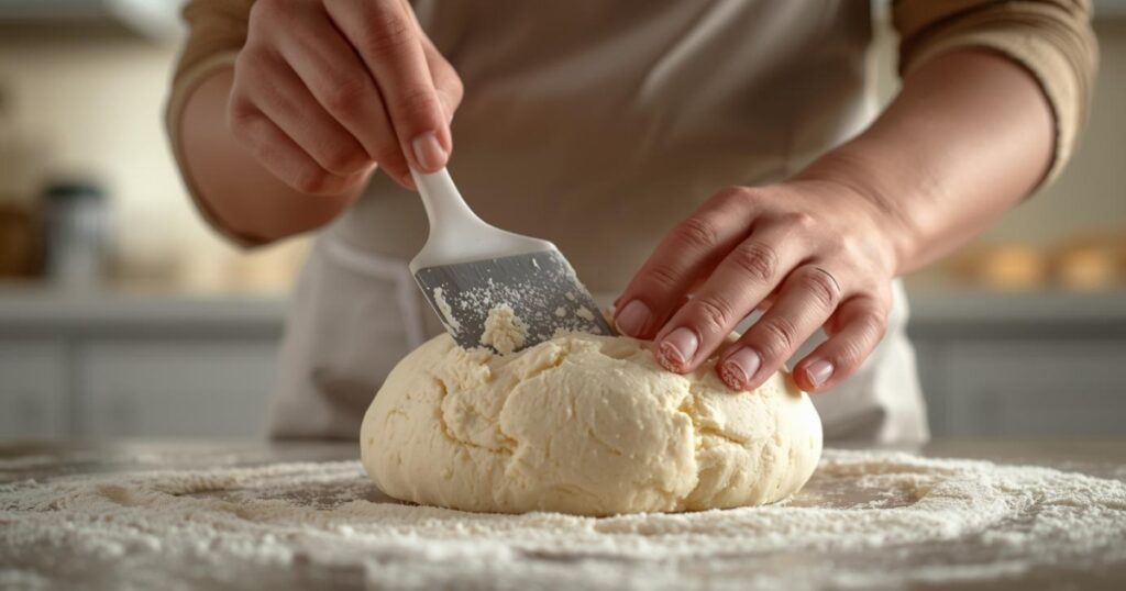A process shot showing butter and sugar being mixed together to create smooth cookie dough.