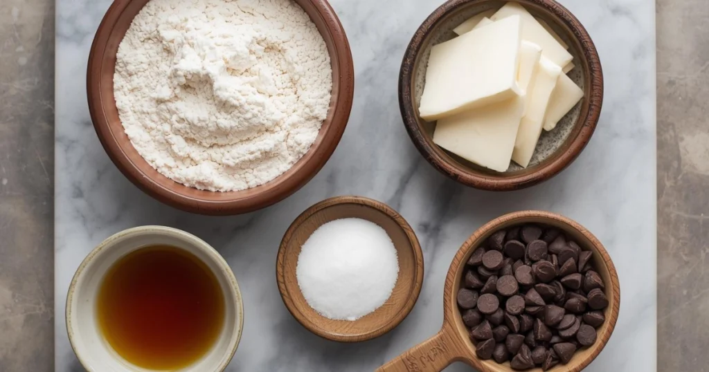 ingredients for cookie dough recipe including flour butter brown sugar and chocolate chips