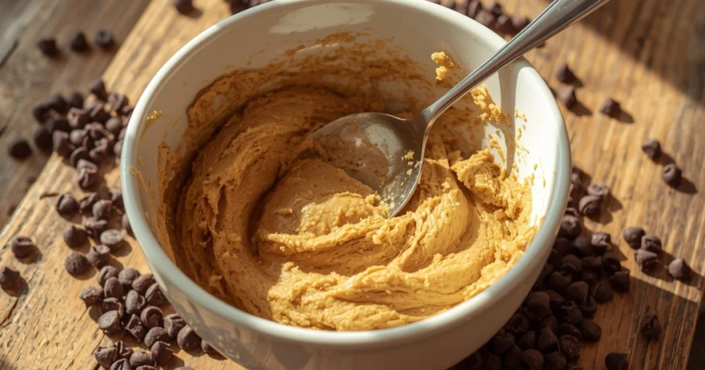 cookie dough recipe you can make in 10 minutes with chocolate chips in a mixing bowl