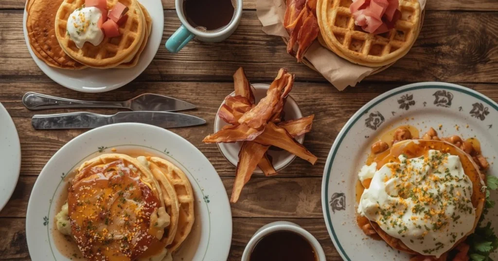 A rustic Southern breakfast spread with crispy fried chicken on waffles, creamy grits, biscuits with sausage gravy, tater tots, and a bowl of fresh strawberries, served with coffee and orange juice