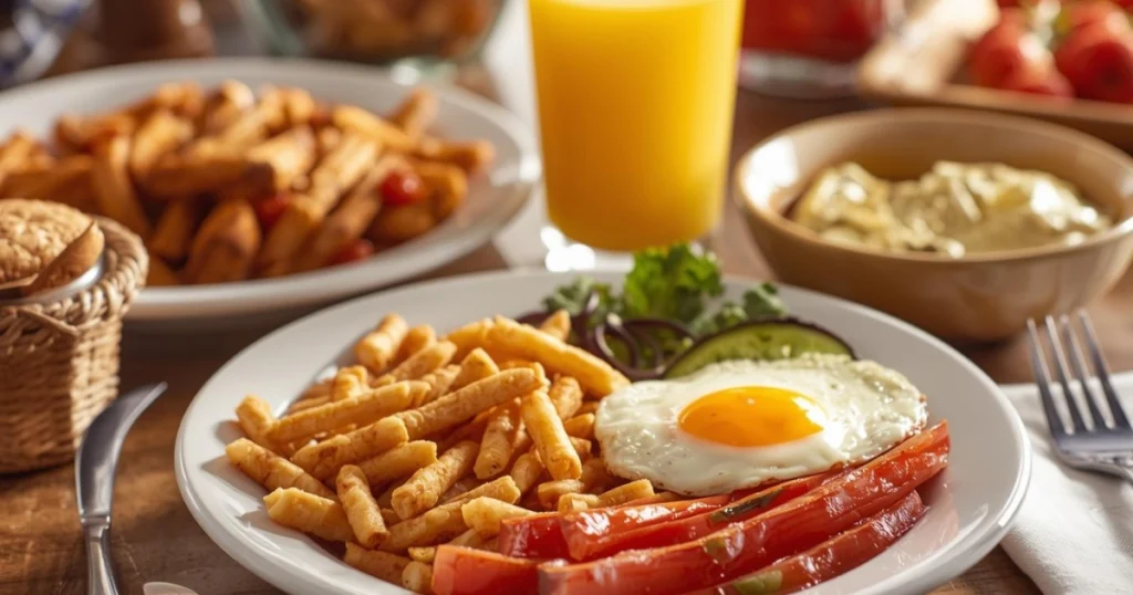 A hearty Southern breakfast plate with sunny-side up eggs, crispy bacon, biscuits with butter, country ham, hash browns, and baked beans, surrounded by pancakes and syrup