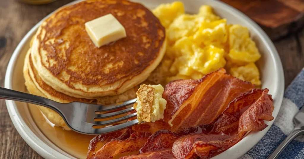 A rustic Southern breakfast spread with crispy fried chicken on waffles, creamy grits, biscuits with sausage gravy, tater tots, and a bowl of fresh strawberries, served with coffee and orange juice