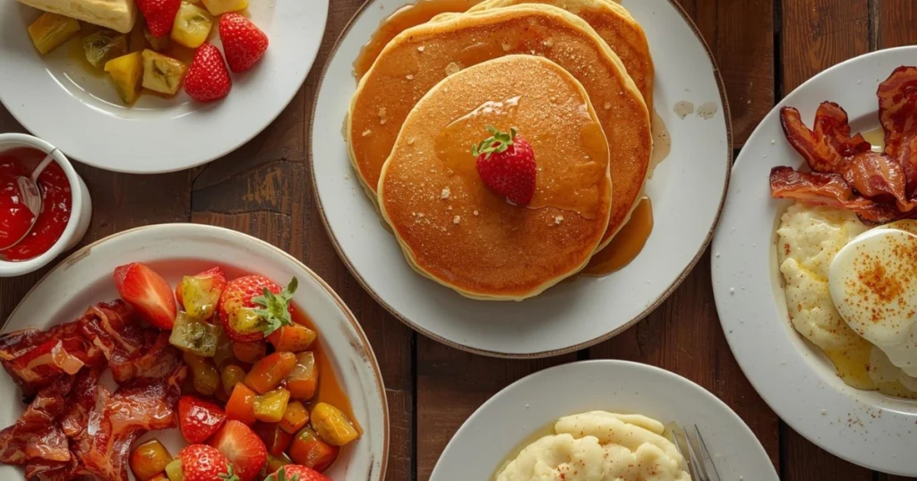 A rustic Southern breakfast spread with crispy fried chicken on waffles, creamy grits, biscuits with sausage gravy, tater tots, and a bowl of fresh strawberries, served with coffee and orange juice