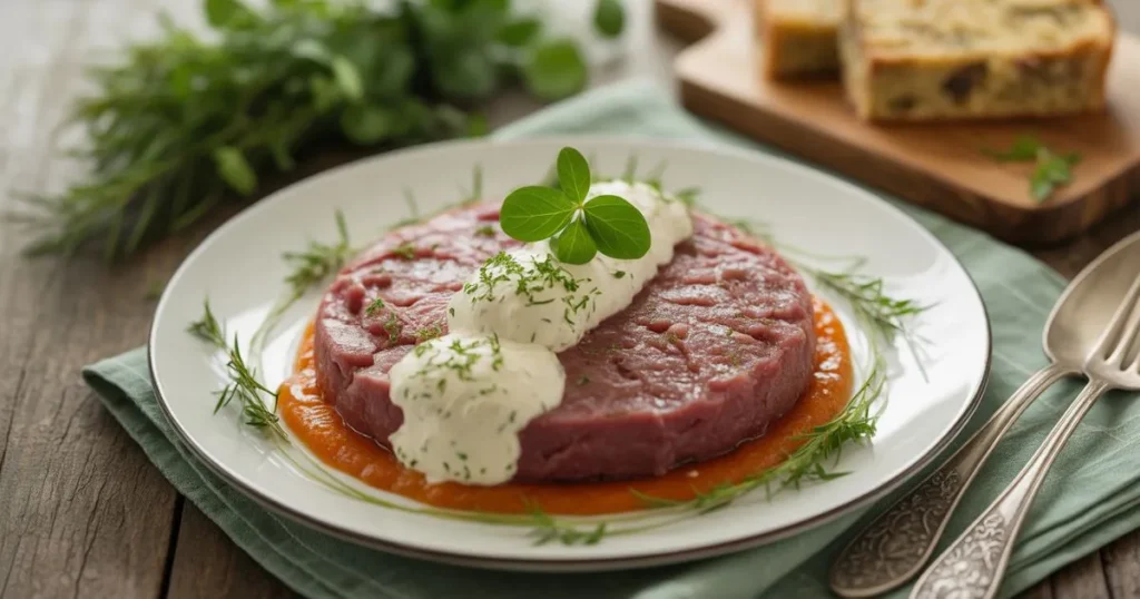 Plate of shepherd’s pie with golden mashed potato topping, served with side of sautéed vegetables.