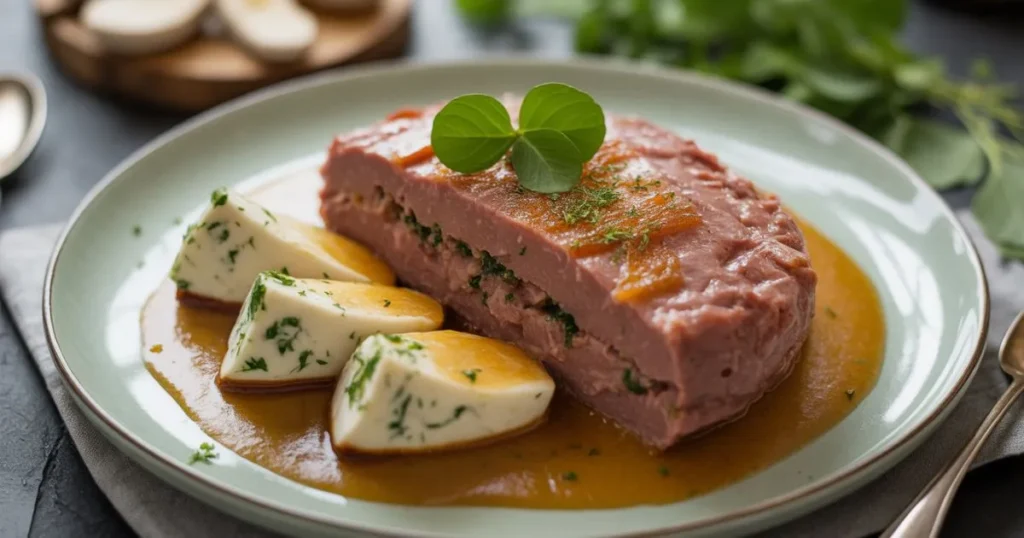 Table set with classic Irish dishes including Irish stew, mashed potatoes, and soda bread.